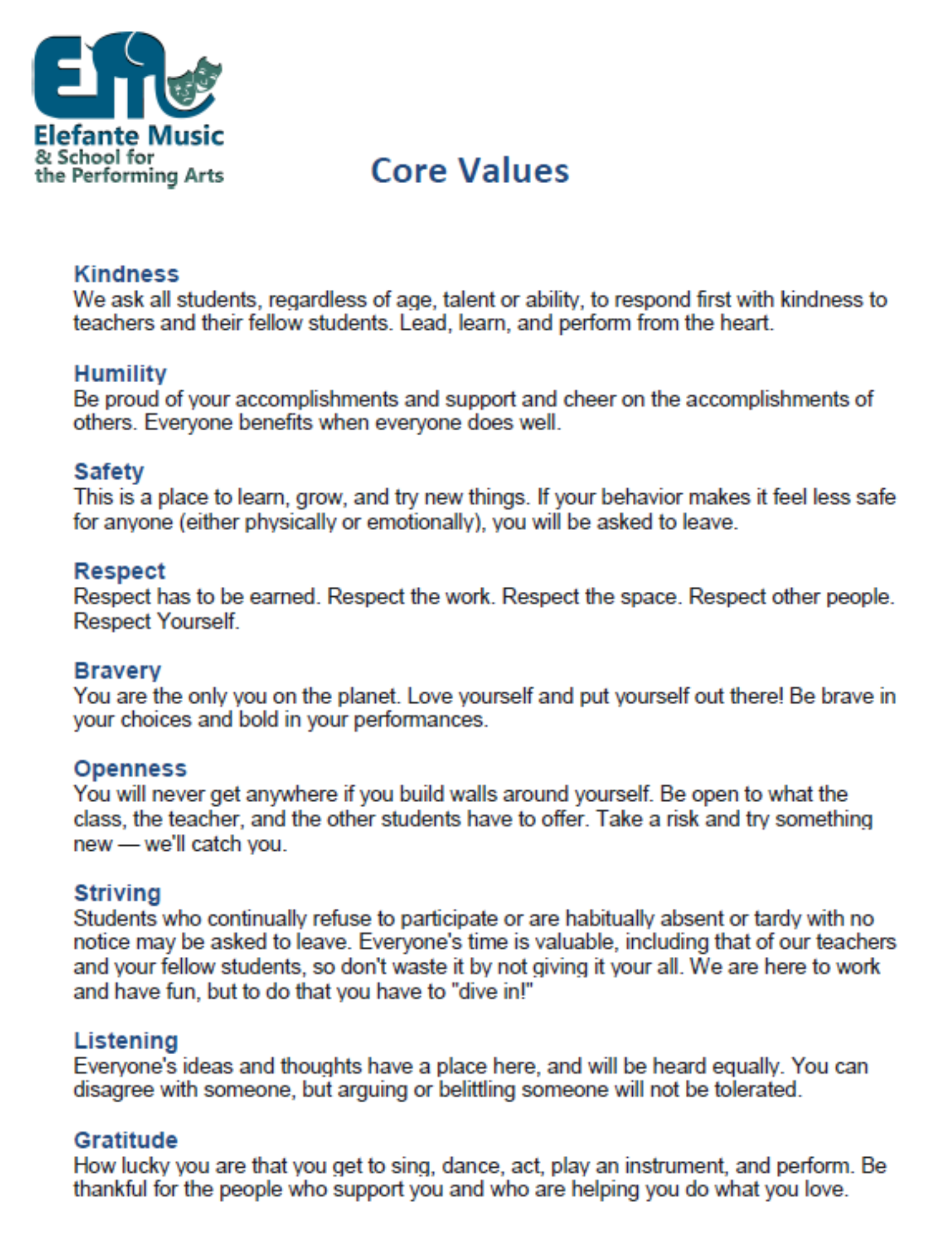 Code of Conduct and Core Values – Elefante Music & School for the  Performing Arts